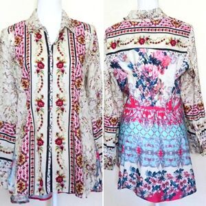 NWT Cyrena Anthropologie Floral Print Linen Blend Tunic Hi Low Mixed Prints Sz S